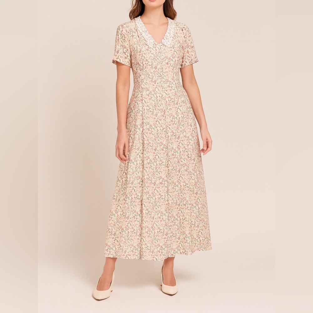 VINTAGE CDC ivory floral prairie dress long midi maxi lace collar size 4